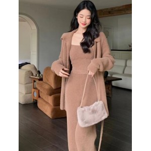 Autumn and winter new French gentle temperament fashion imitation mink velvet knitted suit milk call soft fur coat three-piece set