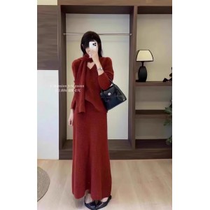 Bright shiny red knitted three-piece suit women winter 2023 new design scarf sweater high-waisted half-body skirt