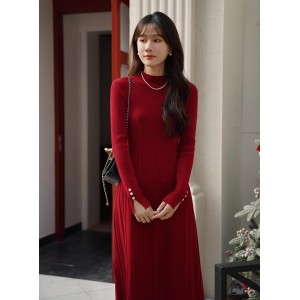 The latest style half-high neck pleated dress female fall and winter Slim thin temperament small knitted bottoming skirt