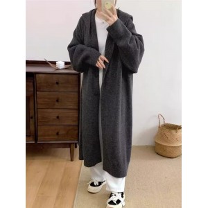 Take single cell phone to see the model The original senior sense of loose lazy hooded with buckle long knitted cardigan female fall and winter thickened versatile jacket coat