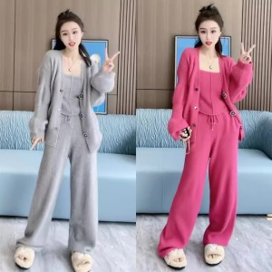 Net red explosion models knitted cardigan wide-legged pants salt system to wear three-piece female autumn 2024 new this year's popular suit welcome agent agent distribution distribution